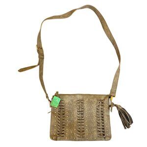 Taupe Faux Leather Crossbody Purse With Adjustable Strap & Tassel Details